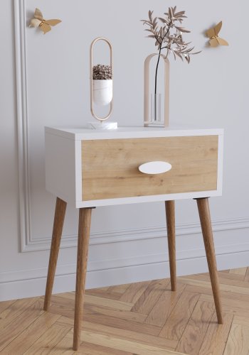 VCM NORDIC Singol L sengebord, m. 1 skuffe - hvid og natur tr (44,5x30)