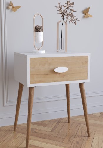 VCM NORDIC Singol L sengebord, m. 1 skuffe - hvid og natur tr (44,5x30)