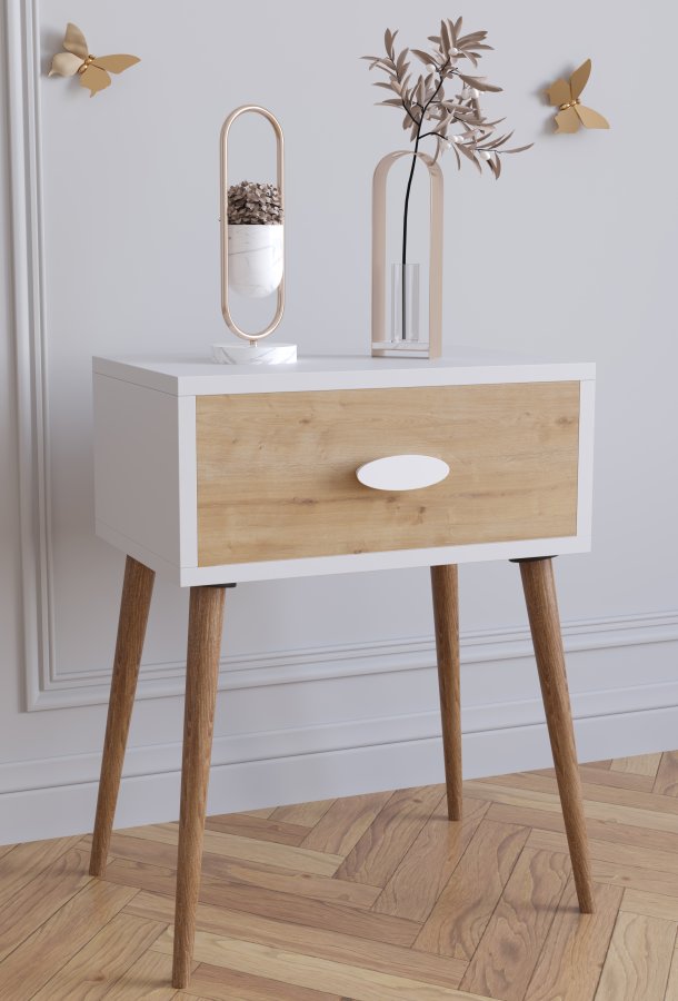 VCM NORDIC Singol L sengebord, m. 1 skuffe - hvid og natur tr (44,5x30)