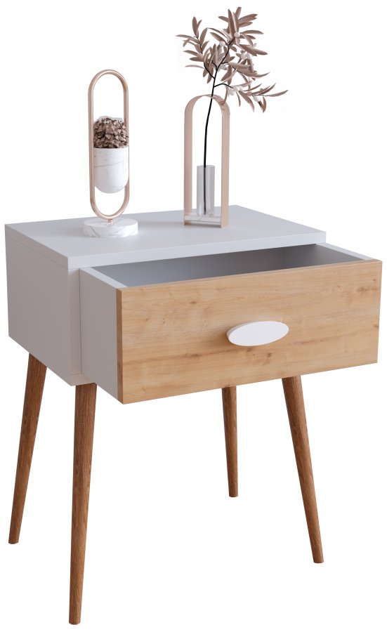 VCM NORDIC Singol L sengebord, m. 1 skuffe - hvid og natur tr (44,5x30)