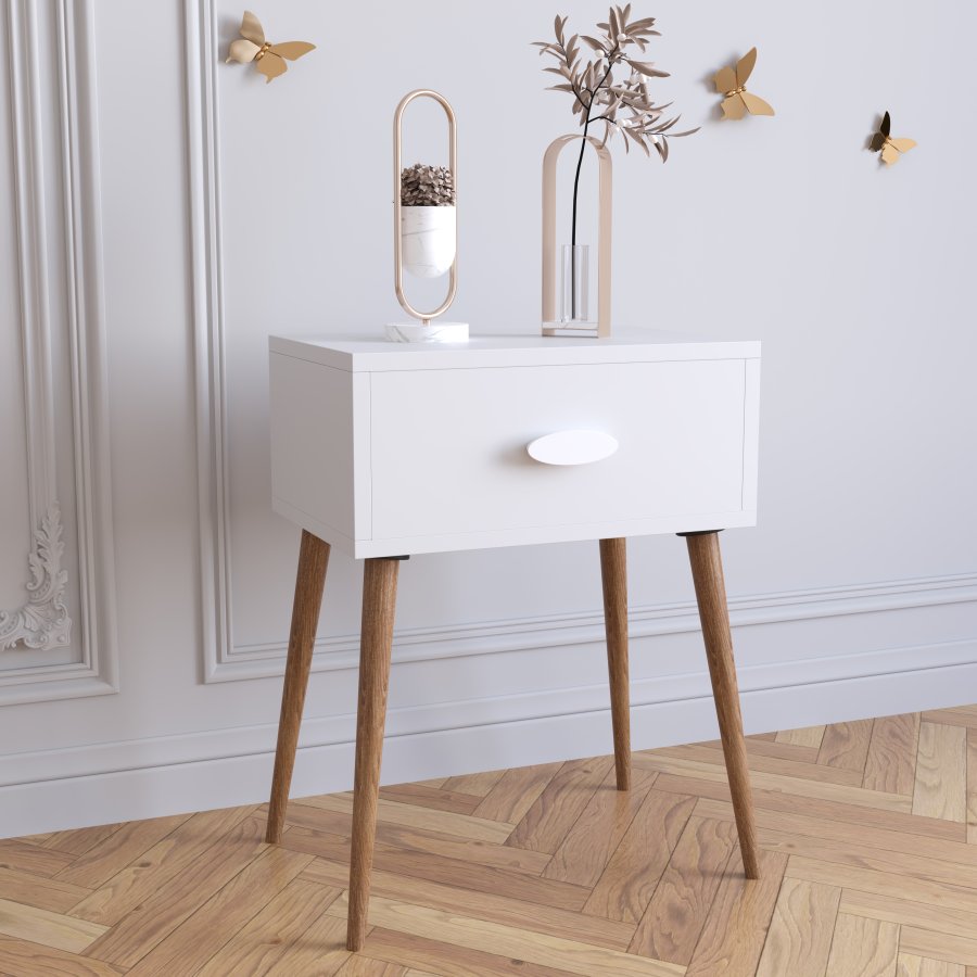 VCM NORDIC Singol L sengebord, m. 1 skuffe - hvid og natur tr (44,5x30)