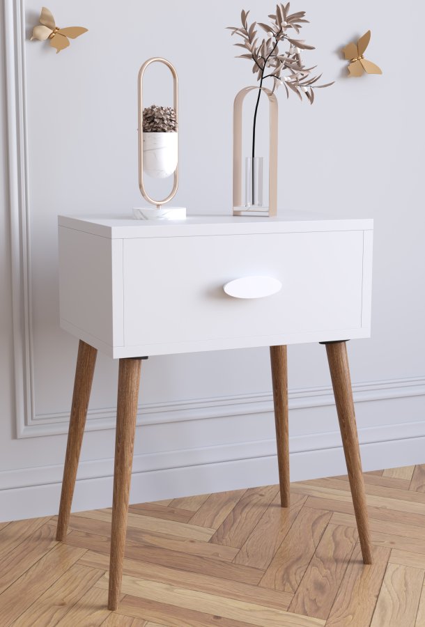 VCM NORDIC Singol L sengebord, m. 1 skuffe - hvid og natur tr (44,5x30)