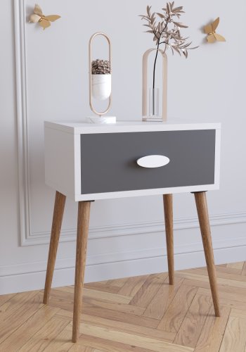 VCM NORDIC Singol L sengebord, m. 1 skuffe - hvid, natur, antracitgr tr (44,5x30)