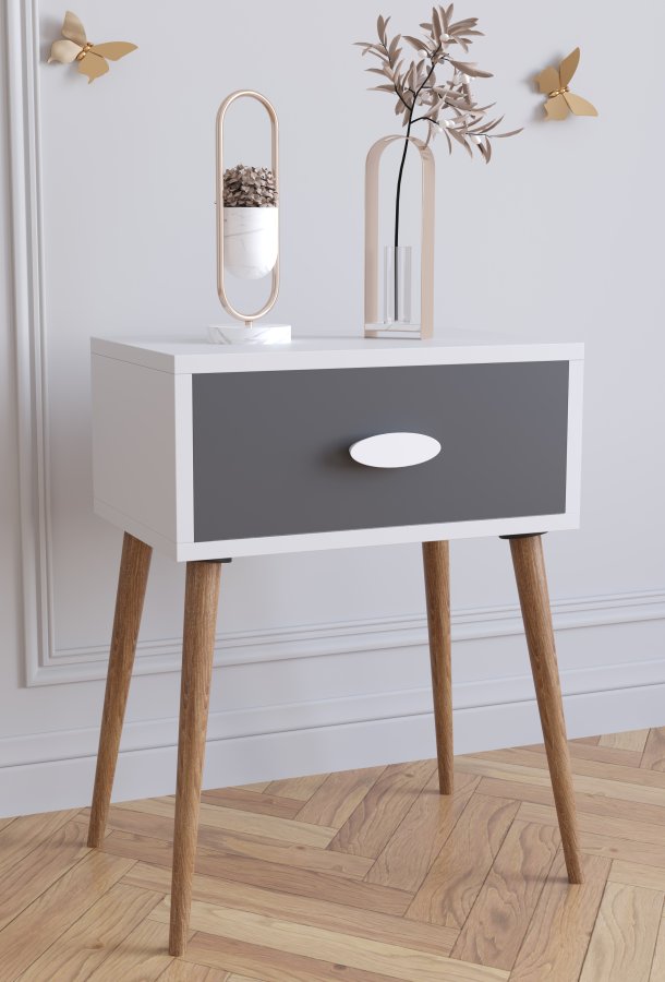 VCM NORDIC Singol L sengebord, m. 1 skuffe - hvid, natur, antracitgr tr (44,5x30)