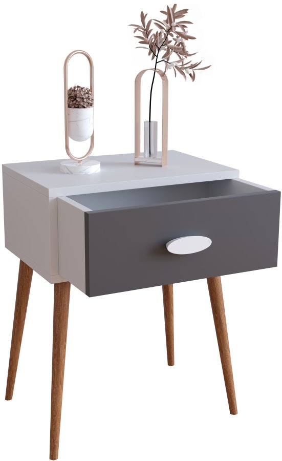 VCM NORDIC Singol L sengebord, m. 1 skuffe - hvid, natur, antracitgr tr (44,5x30)