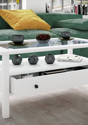 VCM NORDIC Lingis L sofabord, m. 1 skuffe - glas og hvid tr (90x53,5)