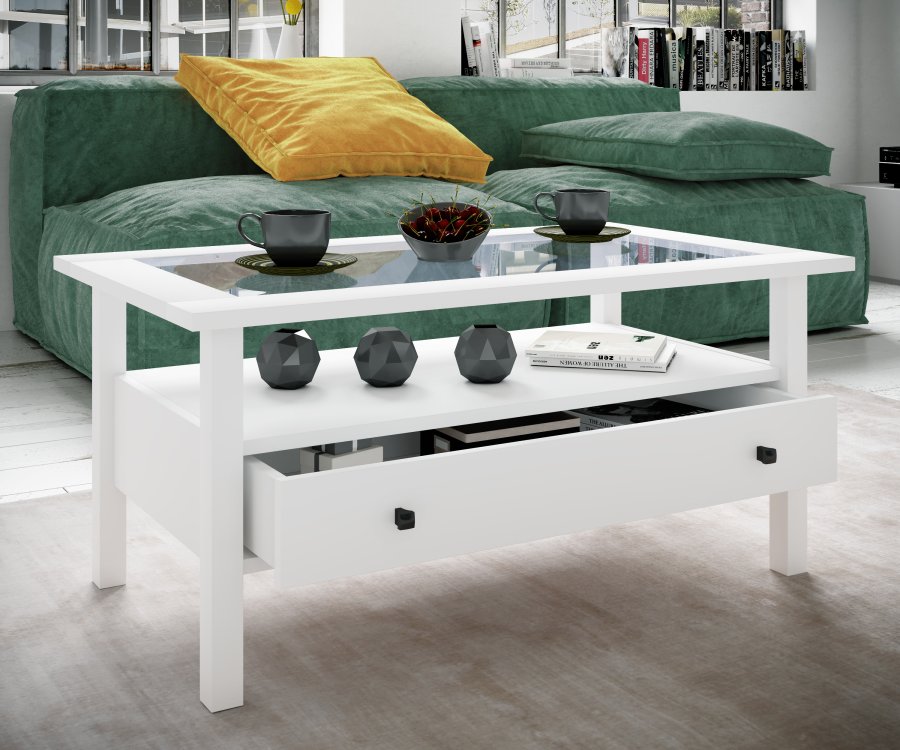 VCM NORDIC Lingis L sofabord, m. 1 skuffe - glas og hvid tr (90x53,5)