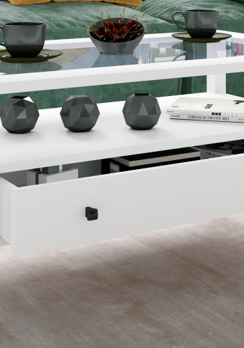 VCM NORDIC Lingis L sofabord, m. 1 skuffe - glas og hvid tr (90x53,5)