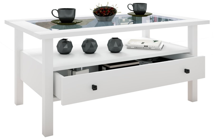 VCM NORDIC Lingis L sofabord, m. 1 skuffe - glas og hvid tr (90x53,5)