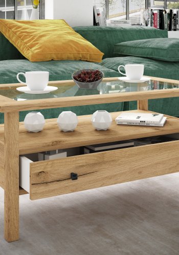 VCM NORDIC Lingis L sofabord, m. 1 skuffe - glas og natur tr (90x53,5)