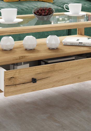 VCM NORDIC Lingis L sofabord, m. 1 skuffe - glas og natur tr (90x53,5)