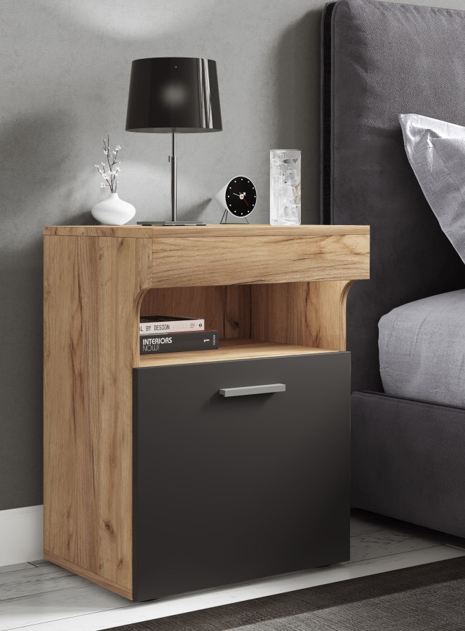 VCM NORDIC Slepal M sengebord, m. 1 lge, 1 rum, 1 hylde - hvid, natur, antracitgr tr (45x39)