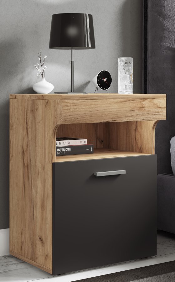 VCM NORDIC Slepal M sengebord, m. 1 lge, 1 rum, 1 hylde - hvid, natur, antracitgr tr (45x39)