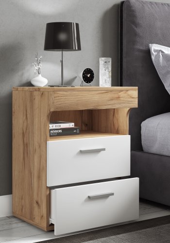 VCM NORDIC Slepal L sengebord, m. 1 rum, 2 skuffer - hvid og natur tr (45x39)