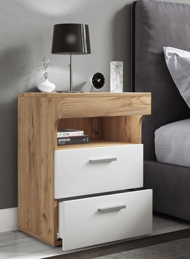 VCM NORDIC Slepal L sengebord, m. 1 rum, 2 skuffer - hvid og natur tr (45x39)