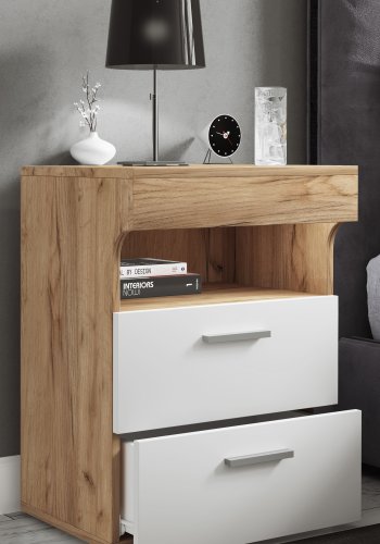 VCM NORDIC Slepal L sengebord, m. 1 rum, 2 skuffer - hvid og natur tr (45x39)