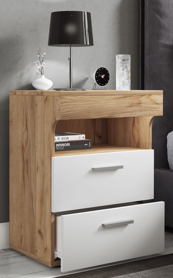 VCM NORDIC Slepal L sengebord, m. 1 rum, 2 skuffer - hvid og natur tr (45x39)