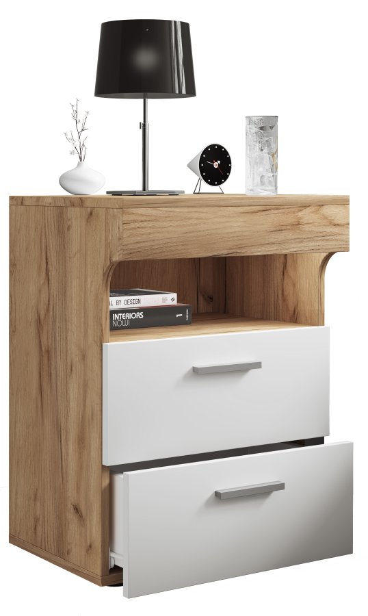 VCM NORDIC Slepal L sengebord, m. 1 rum, 2 skuffer - hvid og natur tr (45x39)