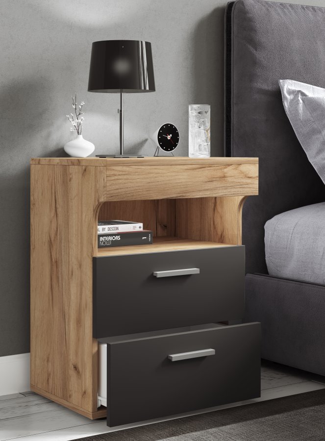 VCM NORDIC Slepal L sengebord, m. 1 rum, 2 skuffer - hvid og natur tr (45x39)