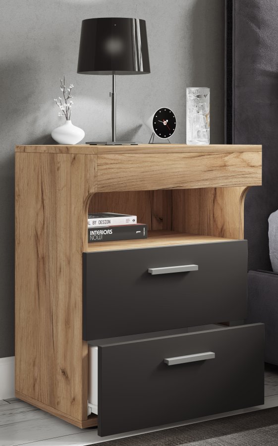 VCM NORDIC Slepal L sengebord, m. 1 rum, 2 skuffer - hvid og natur tr (45x39)