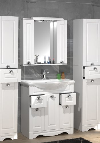 VCM NORDIC Casalo XL 5-delt vaskeplads, m. spejlskab, hndvask, 3 skabe - hvid melamin