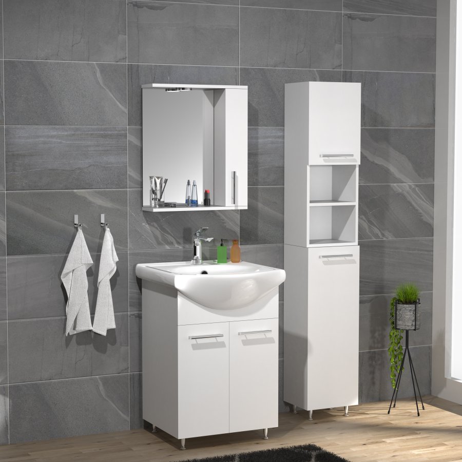 VCM NORDIC Lisalo M 4-delt vaskeplads, m. spejlskab, hndvask, 2 skabe - hvid melamin