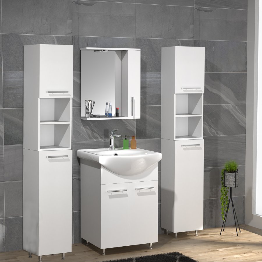 VCM NORDIC Silora XL 5-delt vaskeplads, m. spejlskab, hndvask, 3 skabe - hvid melamin