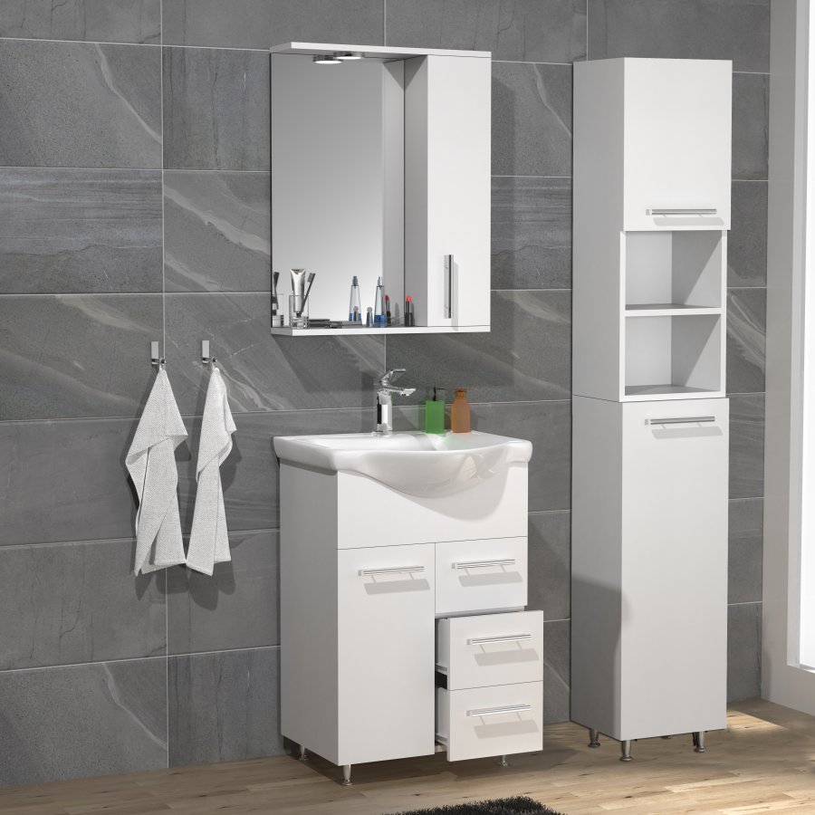 VCM NORDIC Lisalo L 4-delt vaskeplads, m. spejlskab, hndvask, 2 skabe - hvid melamin