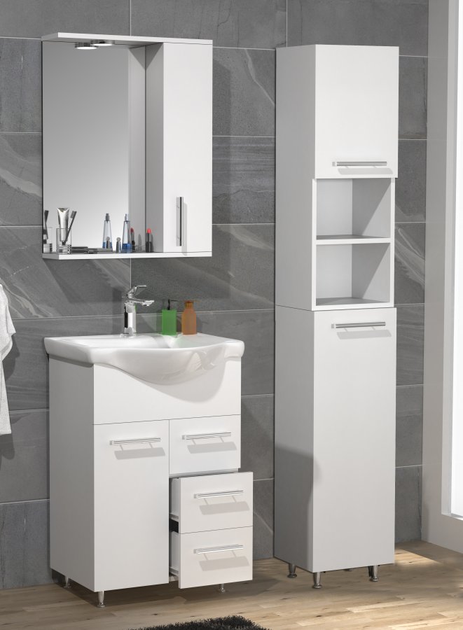 VCM NORDIC Lisalo L 4-delt vaskeplads, m. spejlskab, hndvask, 2 skabe - hvid melamin