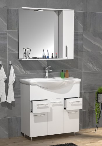 VCM NORDIC Lisalo XL 3-delt vaskeplads, m. spejlskab, keramik hndvask, 4 lger - hvid melamin