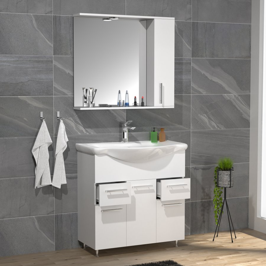 VCM NORDIC Lisalo XL 3-delt vaskeplads, m. spejlskab, keramik hndvask, 4 lger - hvid melamin