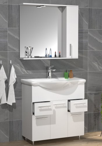 VCM NORDIC Lisalo XL 3-delt vaskeplads, m. spejlskab, keramik hndvask, 4 lger - hvid melamin