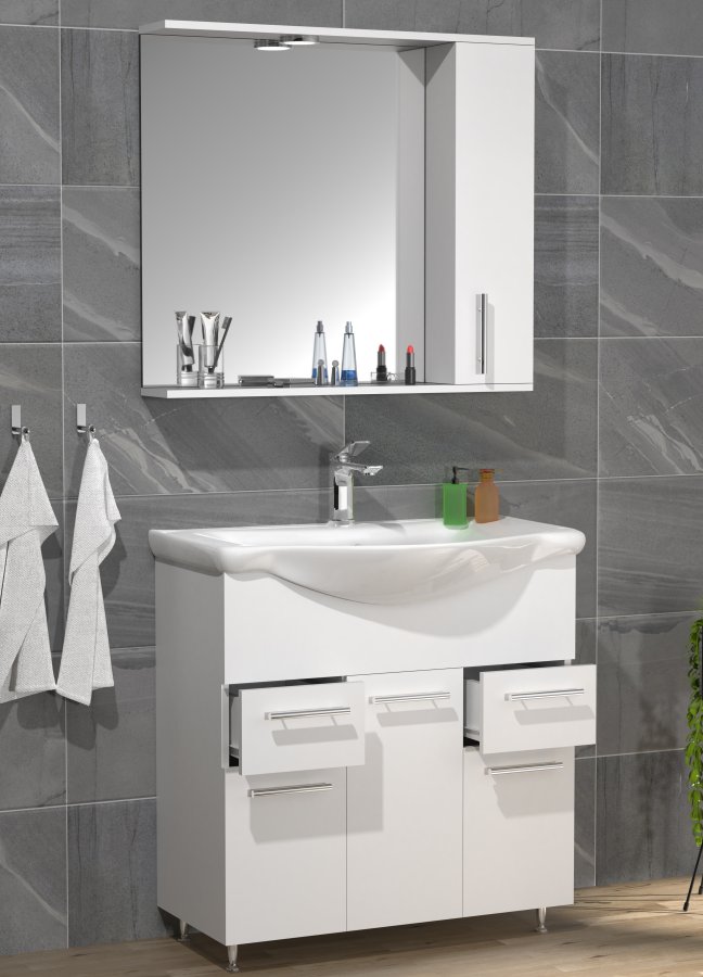 VCM NORDIC Lisalo XL 3-delt vaskeplads, m. spejlskab, keramik hndvask, 4 lger - hvid melamin