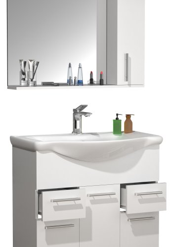 VCM NORDIC Lisalo XL 3-delt vaskeplads, m. spejlskab, keramik hndvask, 4 lger - hvid melamin