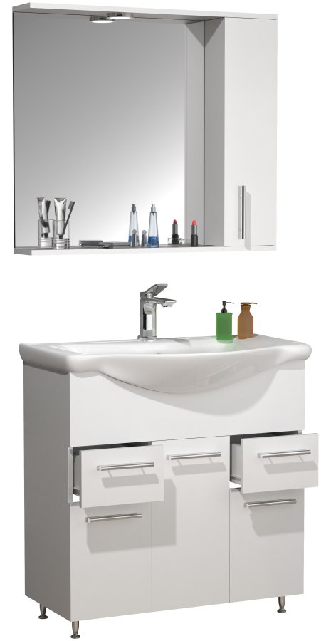 VCM NORDIC Lisalo XL 3-delt vaskeplads, m. spejlskab, keramik hndvask, 4 lger - hvid melamin