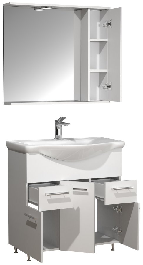 VCM NORDIC Lisalo XL 3-delt vaskeplads, m. spejlskab, keramik hndvask, 4 lger - hvid melamin