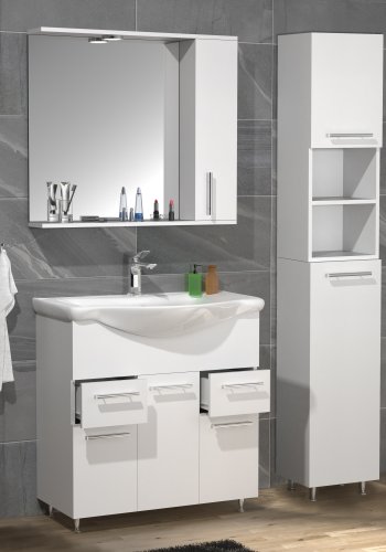 VCM NORDIC Lisalo XL 4-delt vaskeplads, m. spejlskab, hndvask, 2 skabe - hvid melamin