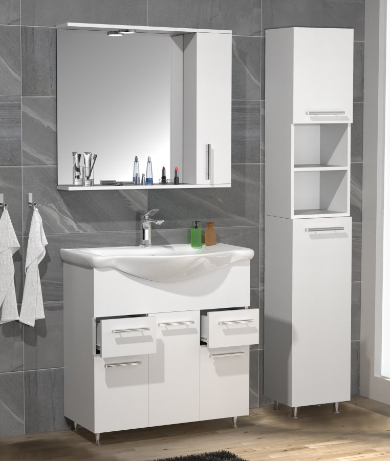 VCM NORDIC Lisalo XL 4-delt vaskeplads, m. spejlskab, hndvask, 2 skabe - hvid melamin