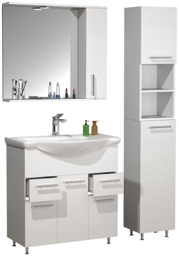 VCM NORDIC Lisalo XL 4-delt vaskeplads, m. spejlskab, hndvask, 2 skabe - hvid melamin