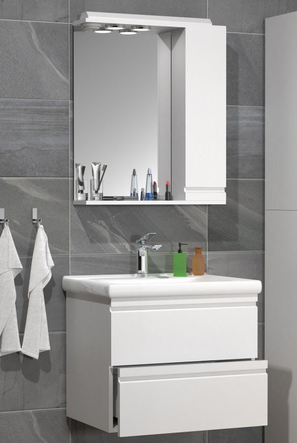 VCM NORDIC  Silora L 3-delt vaskeplads, m. spejlskab, keramik hndvask, 2 skuffer - hvid melamin