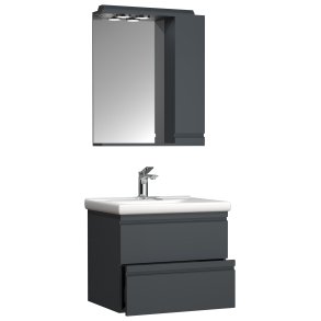 VCM NORDIC Silora L 3-delt vaskeplads, m. spejlskab, hndvask, 2 skuffer - antracitgr melamin