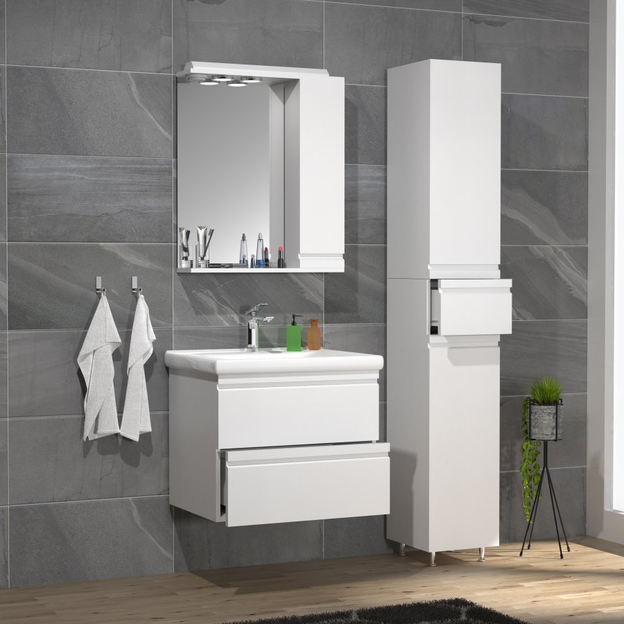 VCM NORDIC Silora L 4-delt vaskeplads, m. spejlskab, hndvask, 2 skabe - hvid melamin