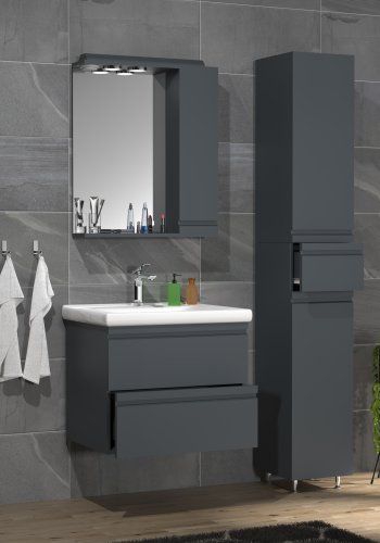 VCM NORDIC Silora L 4-delt vaskeplads, m. spejlskab, hndvask, 2 skabe - antracitgr melamin