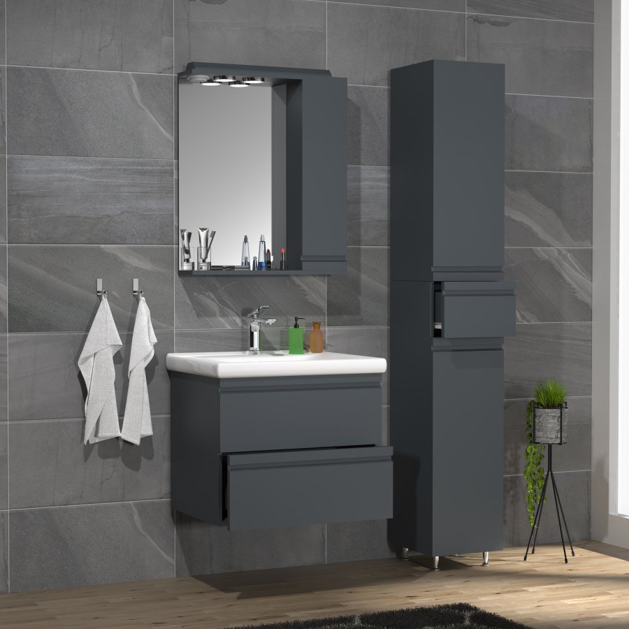 VCM NORDIC Silora L 4-delt vaskeplads, m. spejlskab, hndvask, 2 skabe - antracitgr melamin