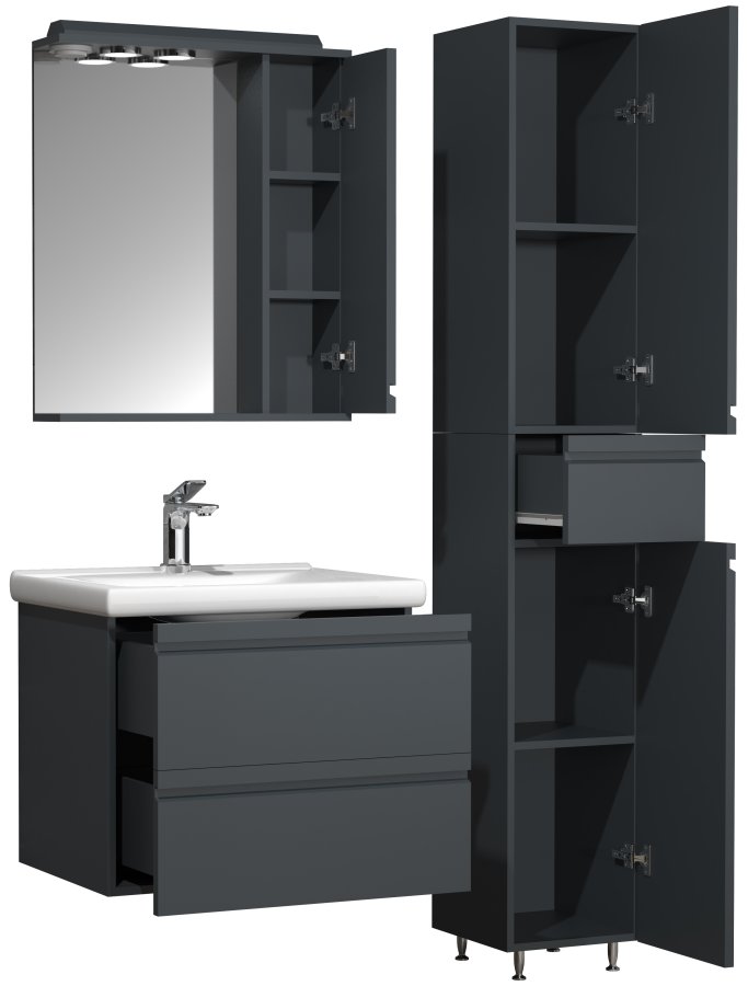 VCM NORDIC Silora L 4-delt vaskeplads, m. spejlskab, hndvask, 2 skabe - antracitgr melamin