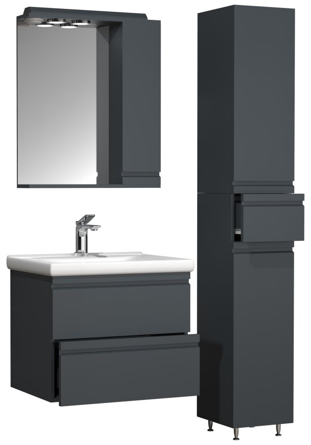VCM NORDIC Silora L 4-delt vaskeplads, m. spejlskab, hndvask, 2 skabe - antracitgr melamin
