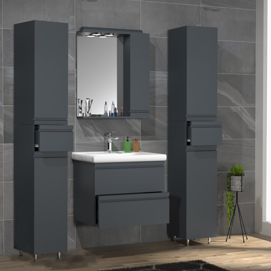 VCM NORDIC Silora L 5-delt vaskeplads, m. spejlskab, hndvask, 3 skabe - antracitgr melamin