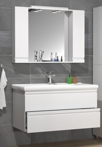 VCM NORDIC Silora XL 3-delt vaskeplads, m. spejlskab, keramik hndvask, 2 skuffer - hvid melamin