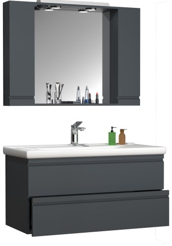 VCM NORDIC Silora XL 3-delt vaskeplads, m. spejlskab, hndvask, 2 skuffer - antracitgr melamin