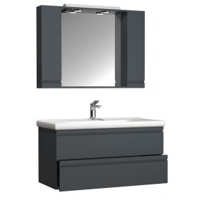 VCM NORDIC Silora XL 3-delt vaskeplads, m. spejlskab, hndvask, 2 skuffer - antracitgr melamin